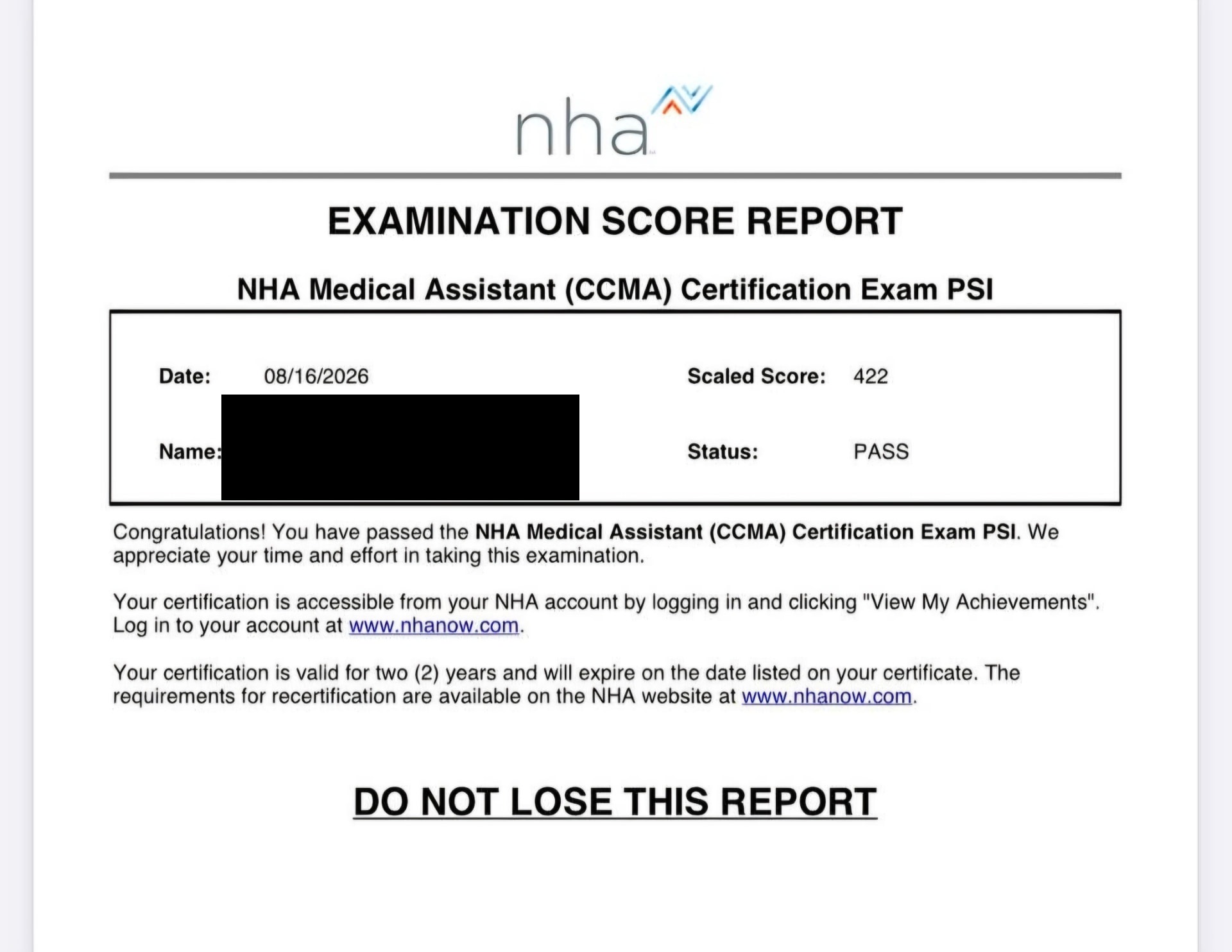 Myra's real NHA CCMA score report, score 422, pass