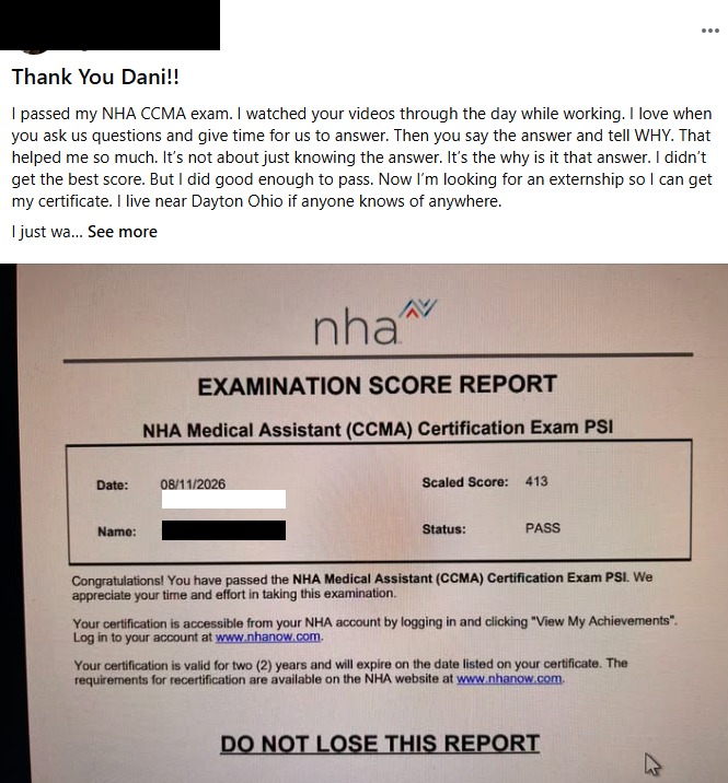Gera's NHA CCMA score report, score 413, with a thank-you message to Dani