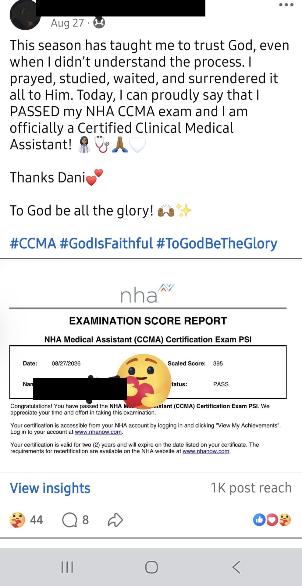 Sandra's Facebook post sharing her passing NHA CCMA score report, score 395