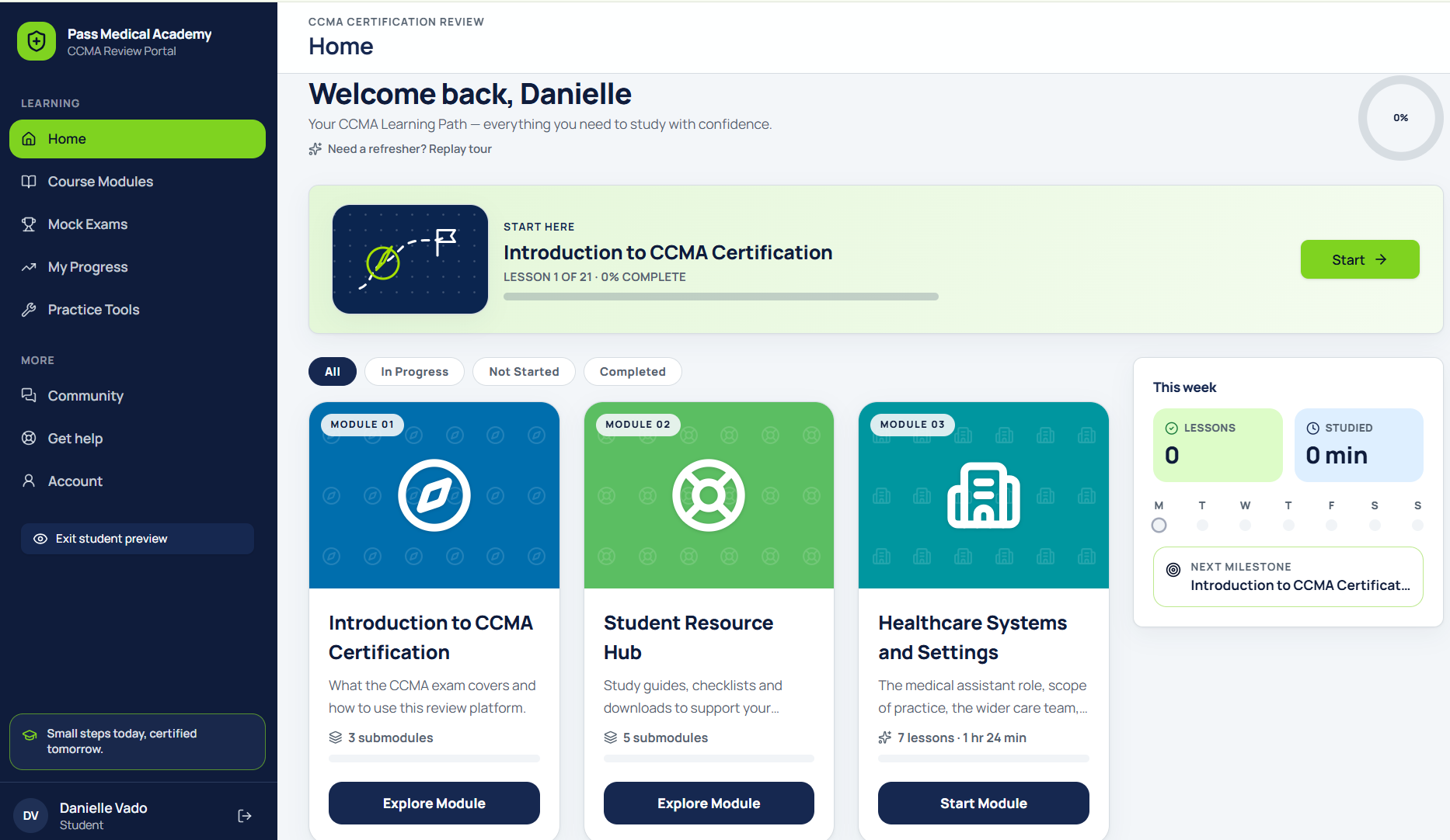 CCMA course home showing all eleven module cards and course progress