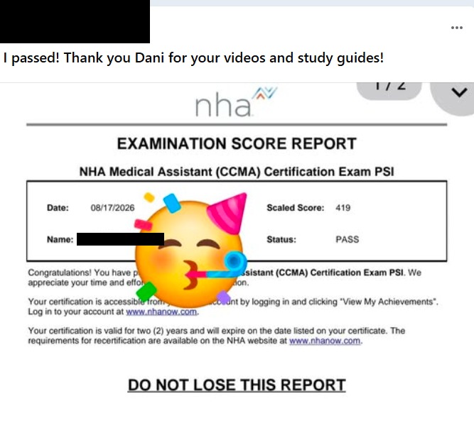 Christi's NHA CCMA score report, score 419: I passed! Thank you Dani for your videos and study guides!