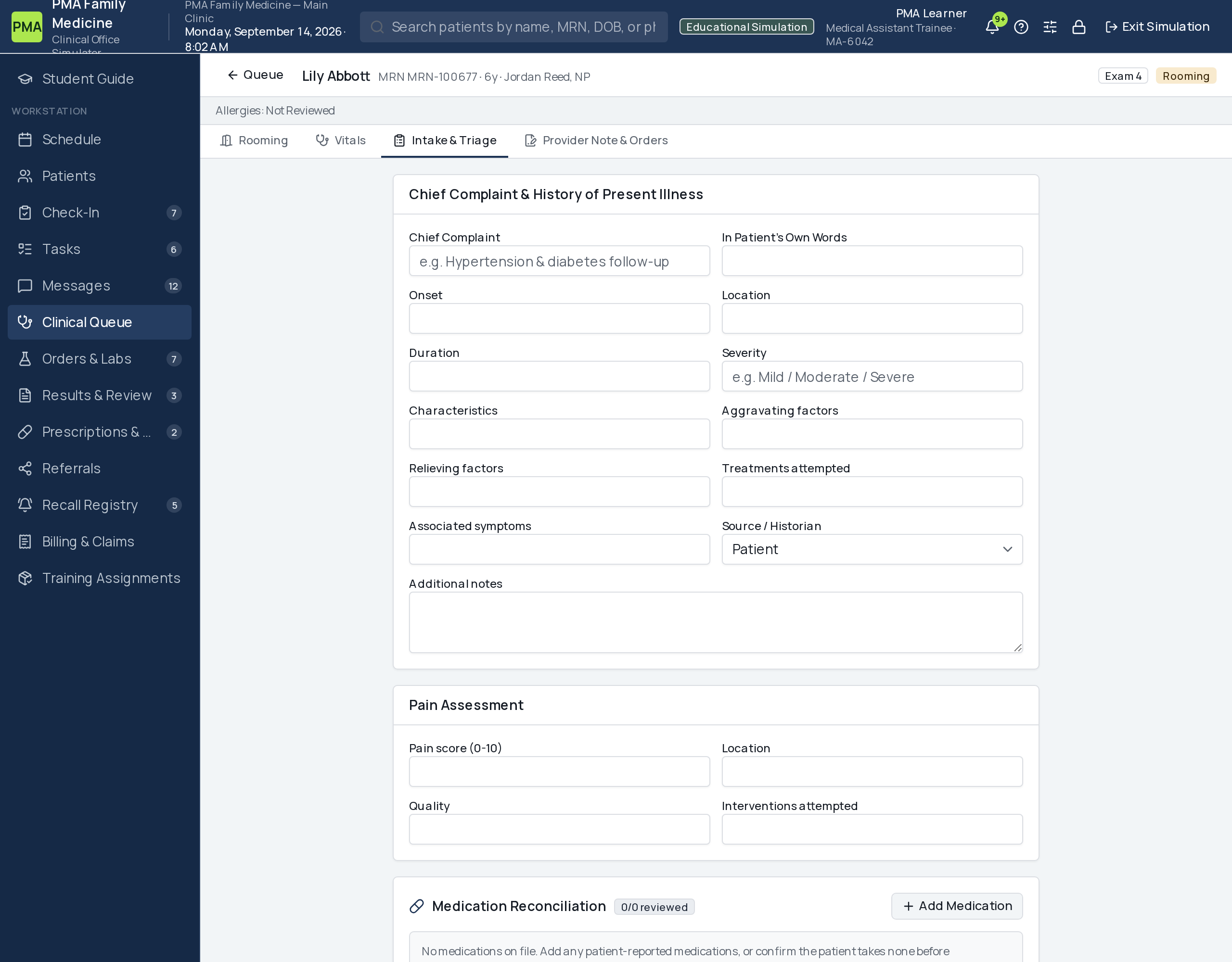 Fictional patient encounter in the EHR Intake and Triage tab with chief complaint, history and pain assessment fields