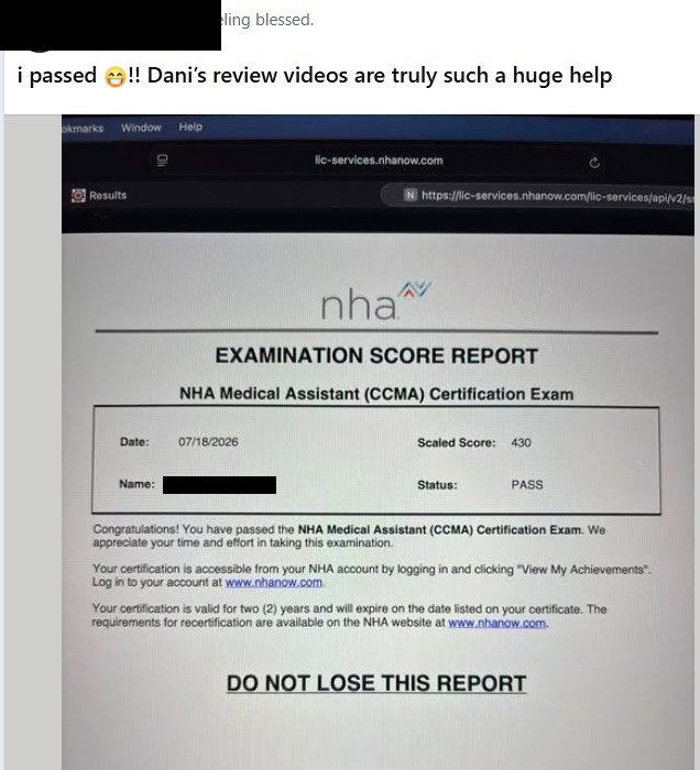 Andrea's NHA CCMA score report, score 430: Dani's review videos are truly such a huge help