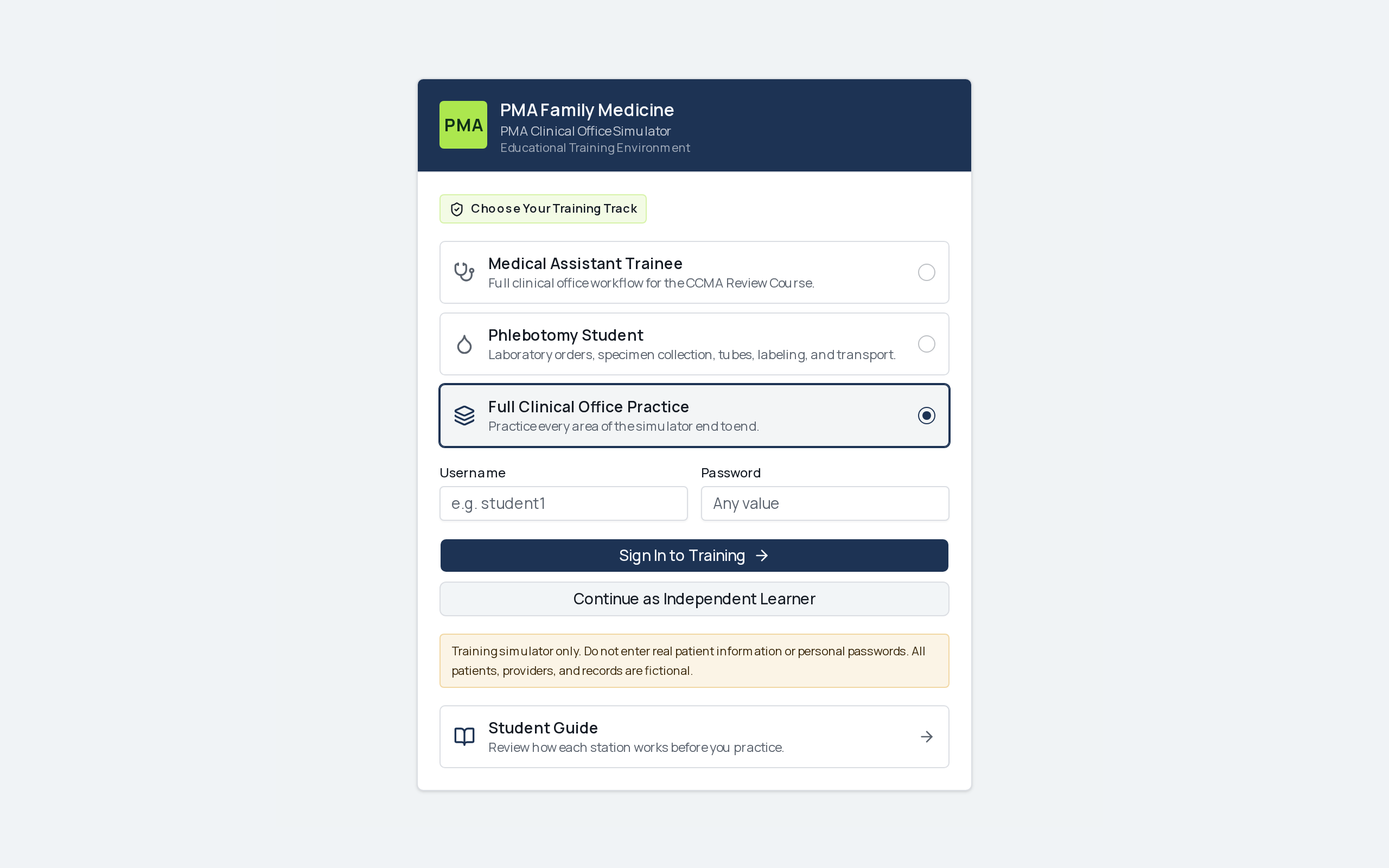 EHR training track chooser showing Medical Assistant Trainee, Phlebotomy Student and Full Clinical Office Practice