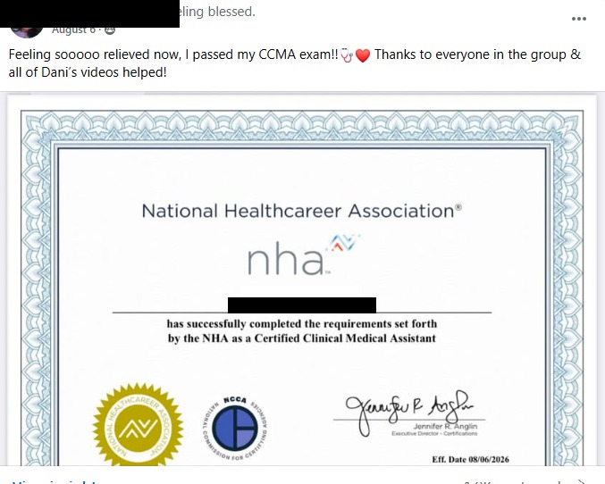 Shundra's NHA Certified Clinical Medical Assistant certificate