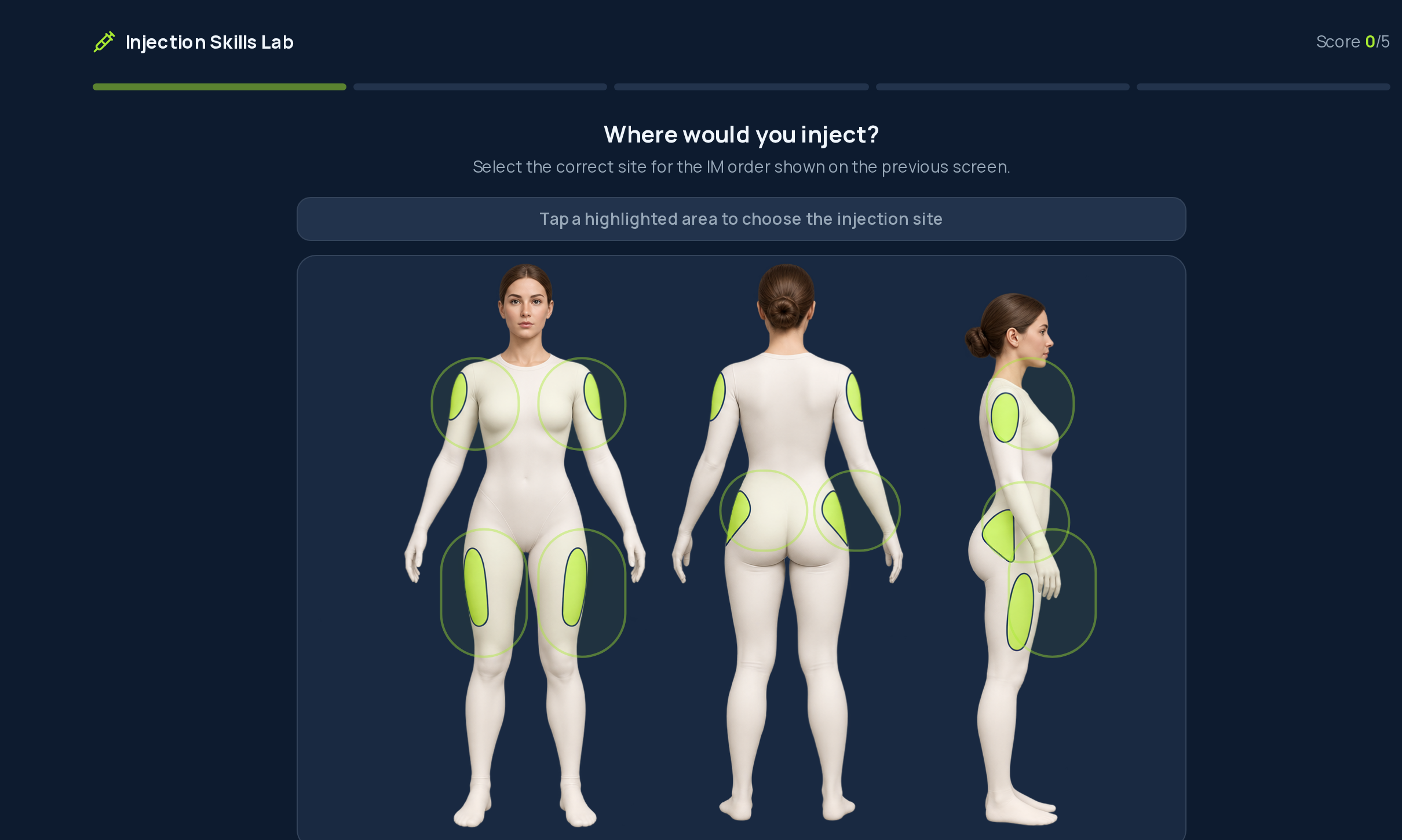 Injection Skills Lab showing front, back and side anatomical views with selectable injection sites