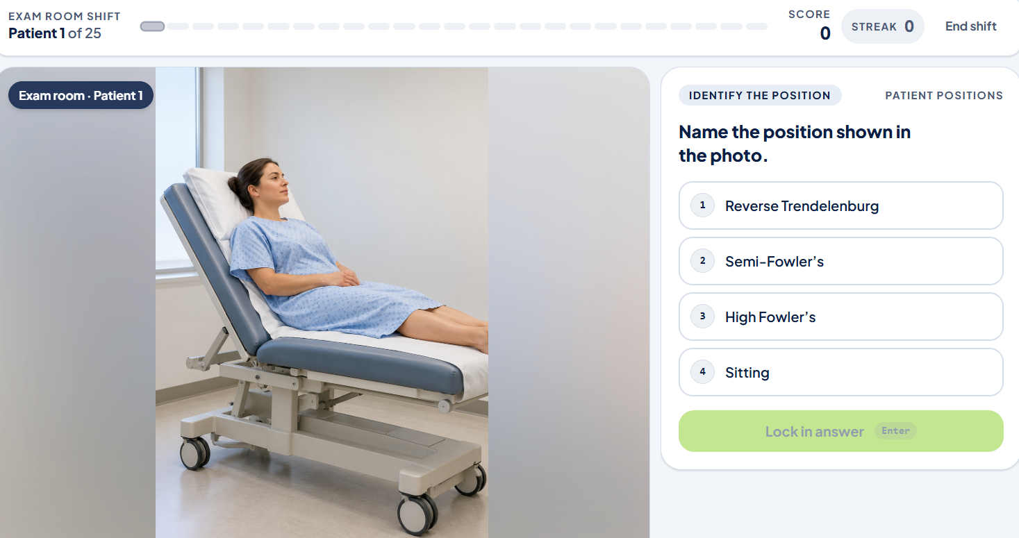 Exam Room Shift game asking which patient position is shown, with four answer choices